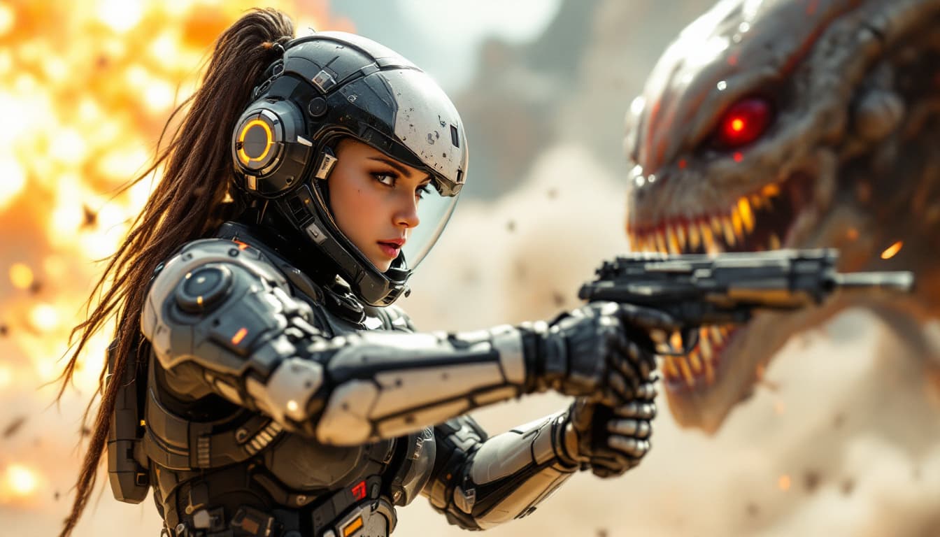AI generated: A futuristic female soldier fighting wearing sci-fi battle armor in an alien warzone bright backgrou...