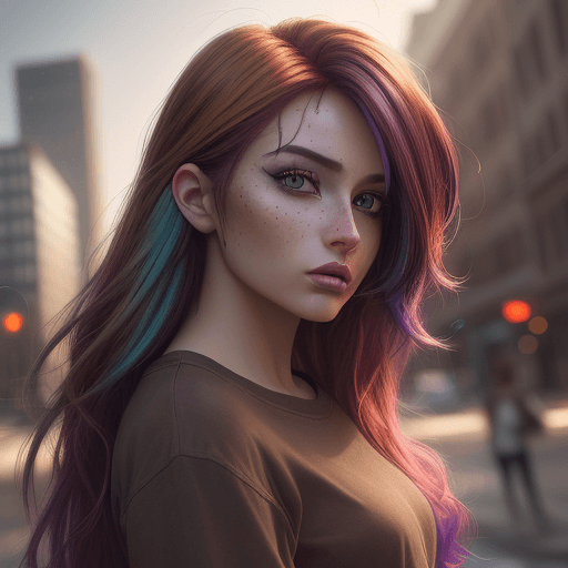AI generated: A realistic photograph of a stunning girl with [colorful hair] with [dark roots], a [small nose], hi...