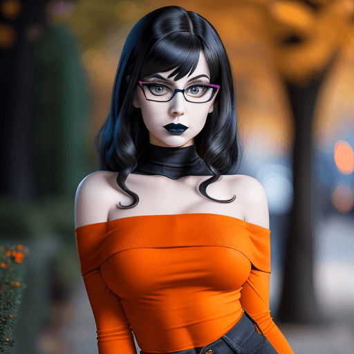 AI generated: 
professional portrait, goth girl, velma from scooby-doo, a girl wearing eye glasses and an orange t...