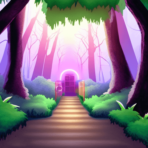 AI generated: Illustration of A entrance forest. 80s theme, video game theme, light, HD