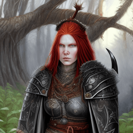 AI generated: redhaired viking warrior princess with armored robes, in the style of manjit bawa, wilderness, color...
