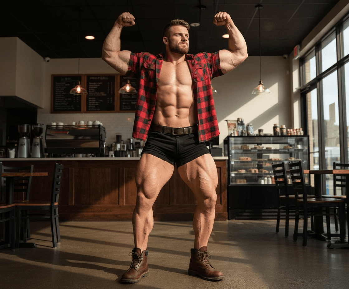 AI generated: At a coffee shop with no customers, the bodybuilder is 6'4" tall, he has huge muscular shoulders and...