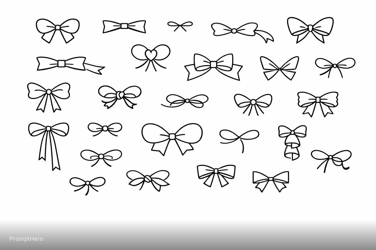 AI generated: Create a clean high-resolution collage of exactly 20 unique minimalist ribbon bow designs, arranged ...