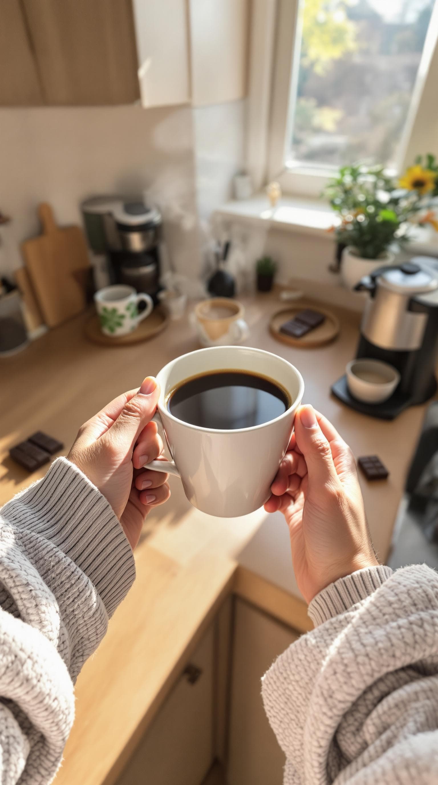 AI generated: POV first-person, I am standing in my kitchen, holding a cup of coffee. Only my hands are visible in...