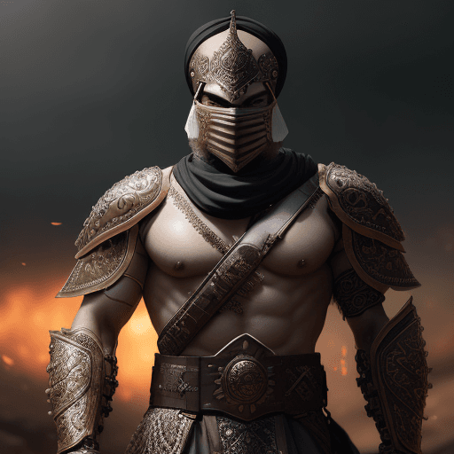 AI generated: Male Persian warrior in a battleground, wearing a full battle face mask, helm, and turban, facing th...