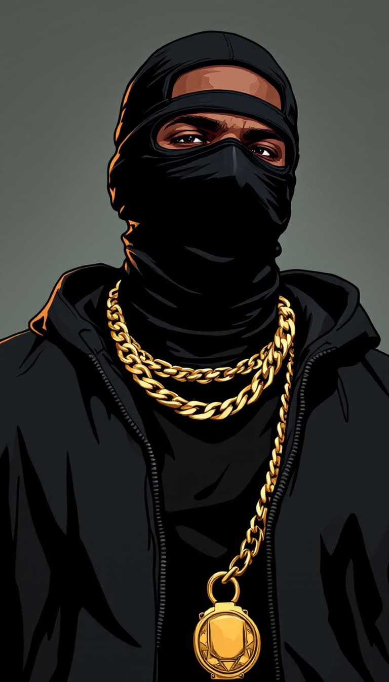 AI generated: Illustration cartoon of a black man in a black mask with a gold chain around his neck, gta chinatowo...