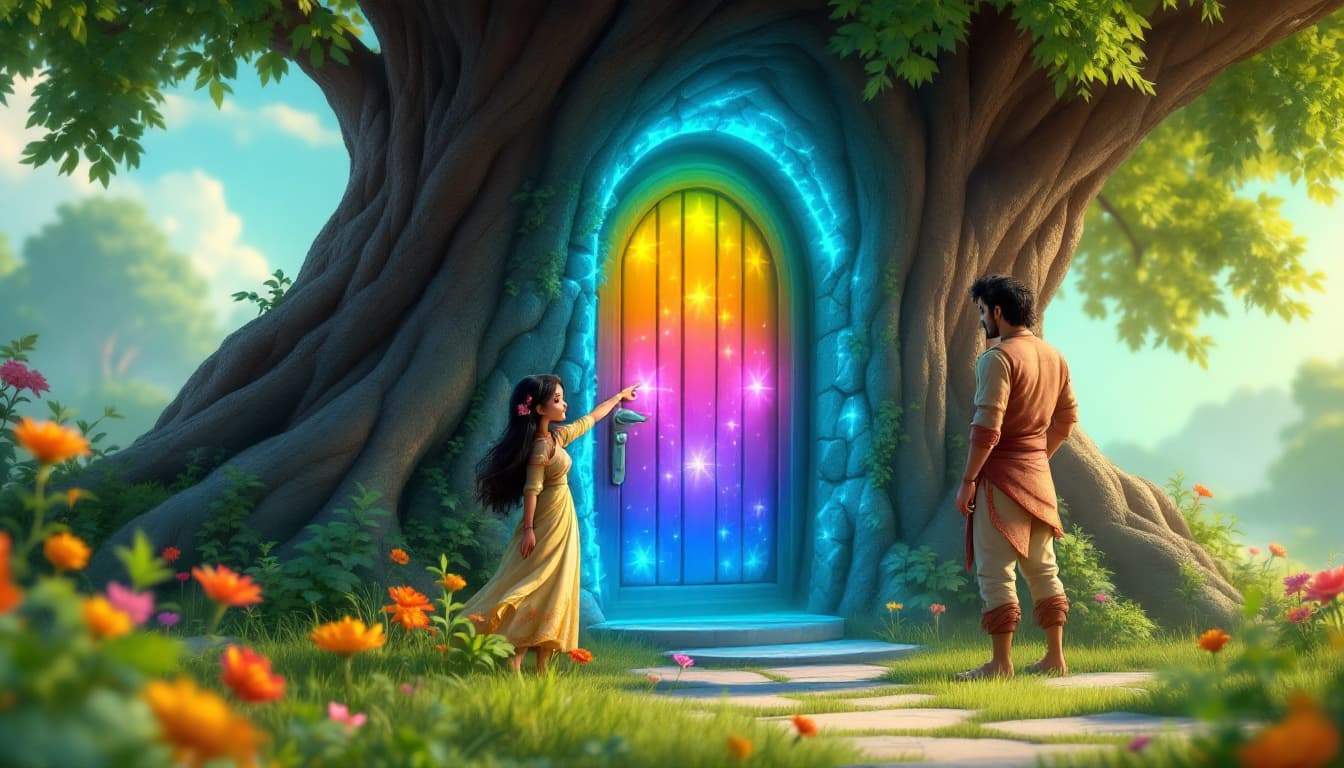 AI generated: "Create a 3D scene where Meera, looking curious and excited, points to the glowing colorful door ben...