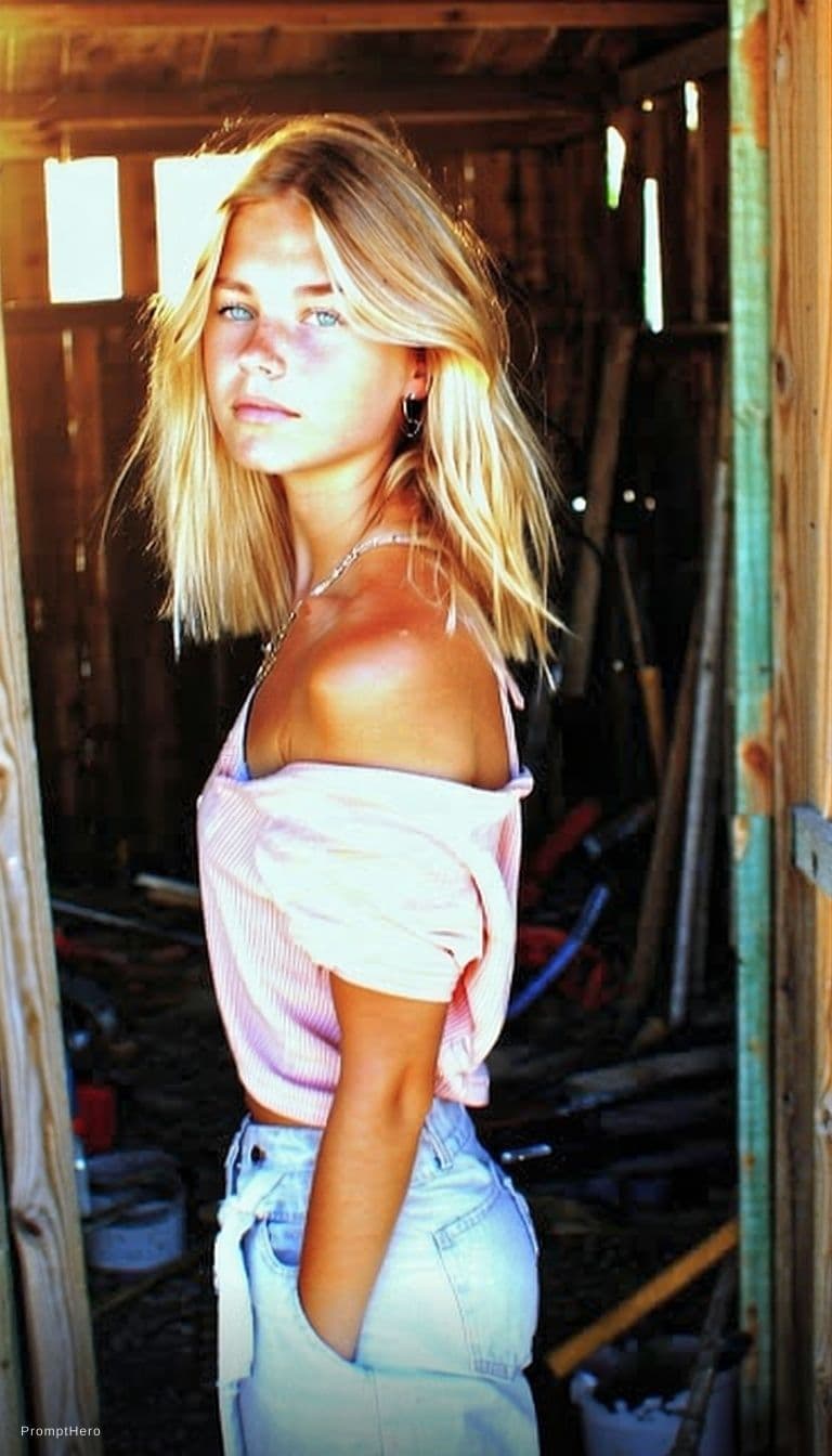 AI generated: Abstract style A woman with sun-kissed skin and tousled blonde hair stands inside a cluttered barn. ...