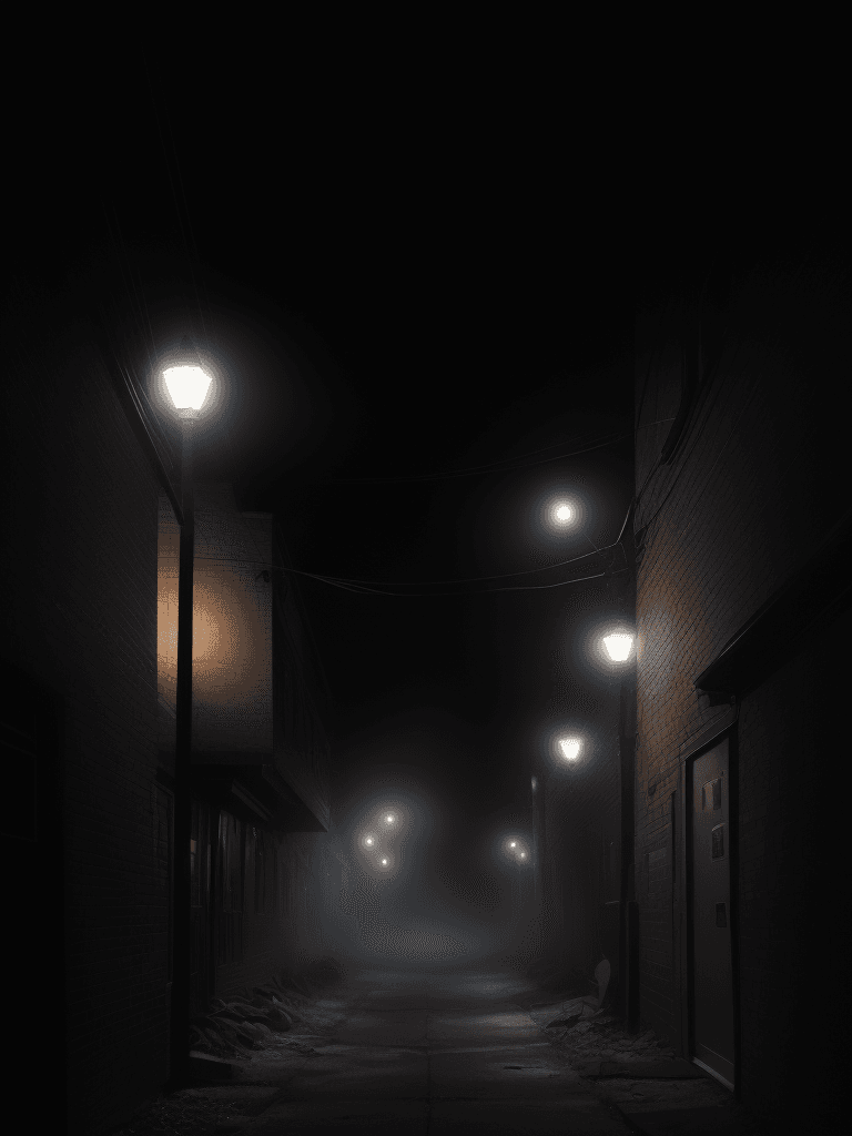 AI generated: black school bus in the middle of the night, in an alley, glowing lights, foggy, moonlight, death, l...