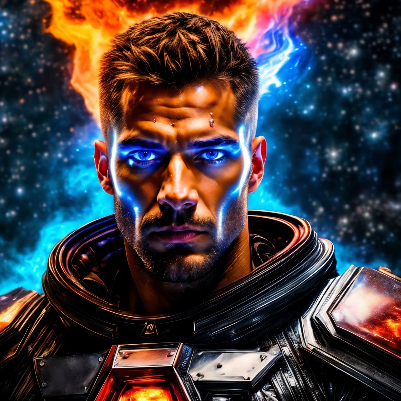 AI generated: a single muscular man made of Fire and melting ice in space, detailed face, narrow nose, neon, plasm...