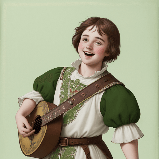 AI generated: Medieval minstrel, short and plump, brown hair and friendly expression, dressed in a doublet full of...