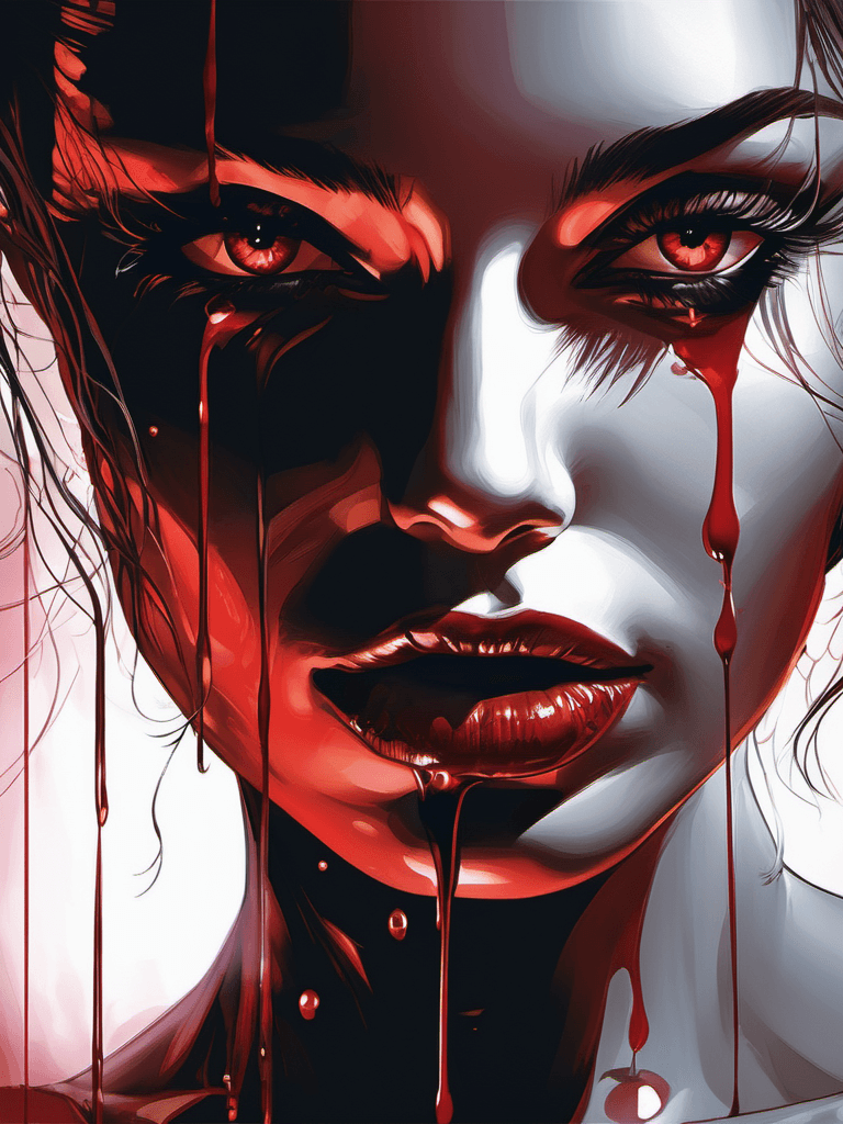 AI generated: blood drops on a woman's face, shiny eyes, elegant, lovely, dark, dramatic light, in the style of mi...