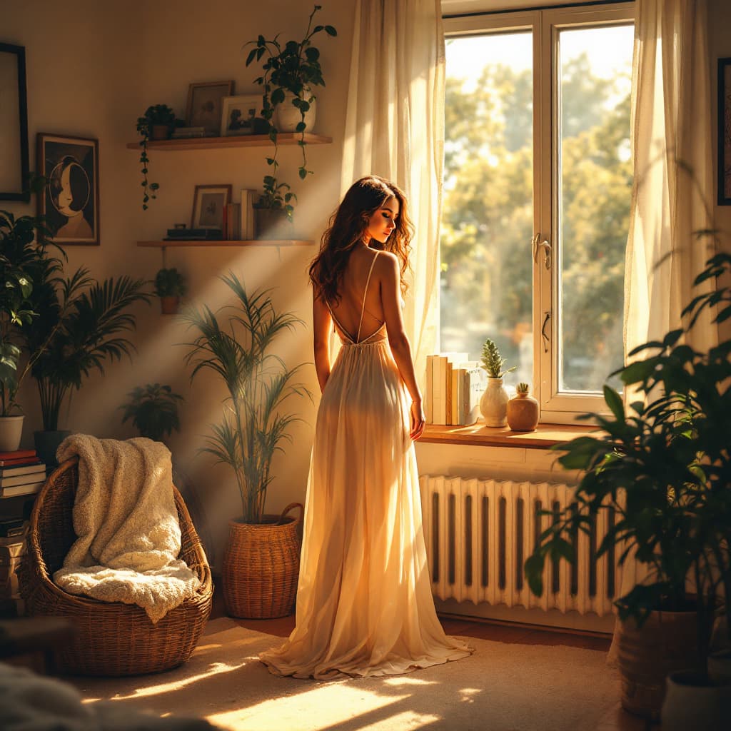 AI generated: A woman stands in the room wearing a light dress that reflects her figure gracefully, bathed in sunl...