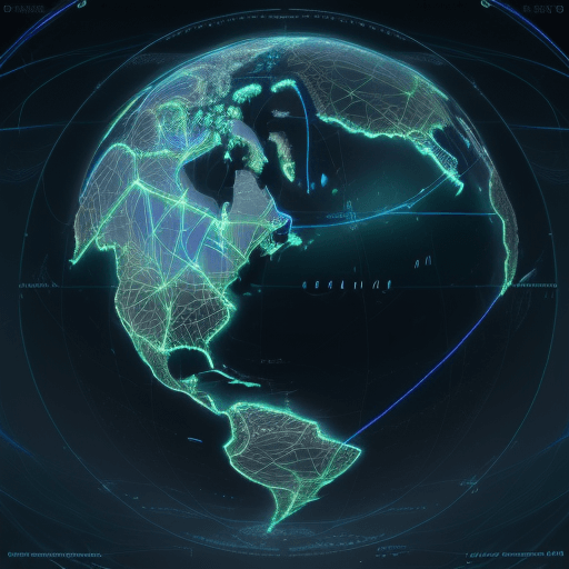AI generated: High-resolution digital artwork of a futuristic, interconnected world map. The map is composed of lu...