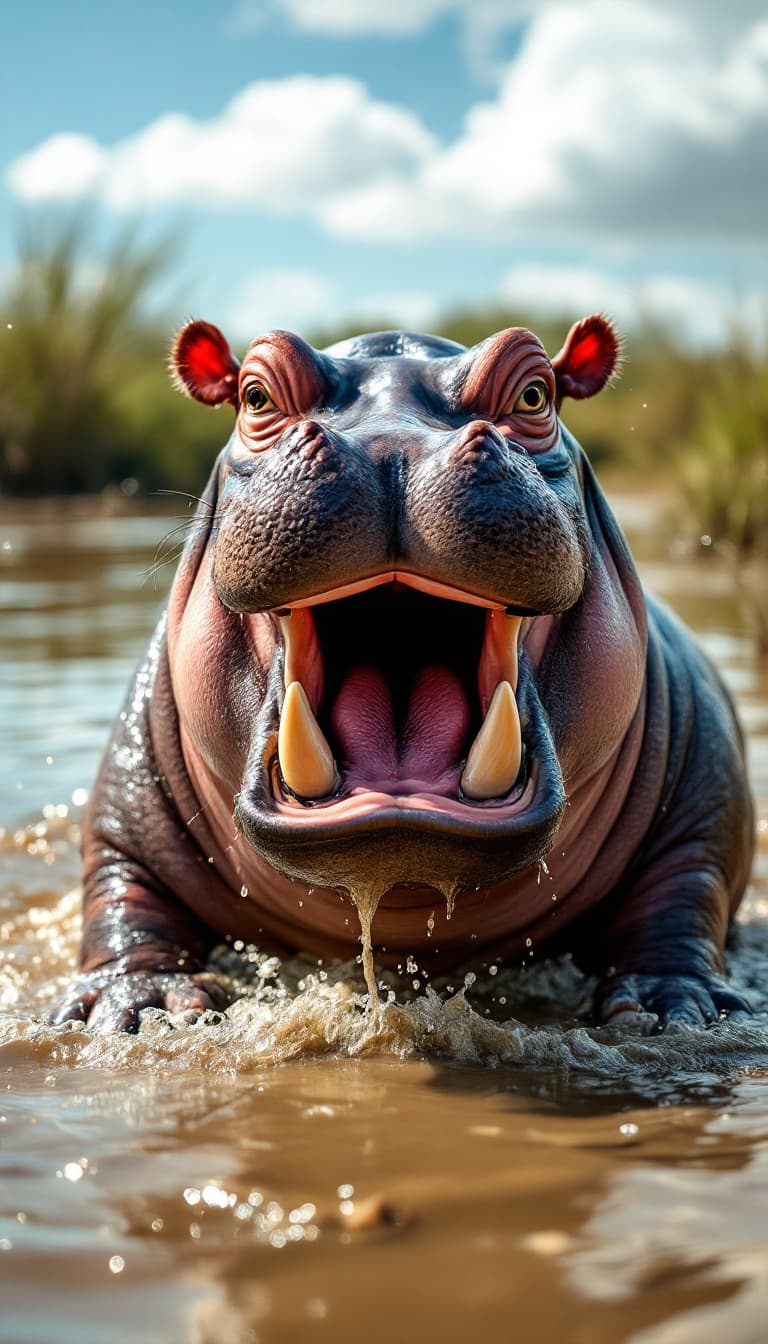 AI generated: Hyper realistic A happy hippo with its mouth wide open, showing its large teeth in a big grin, as it...
