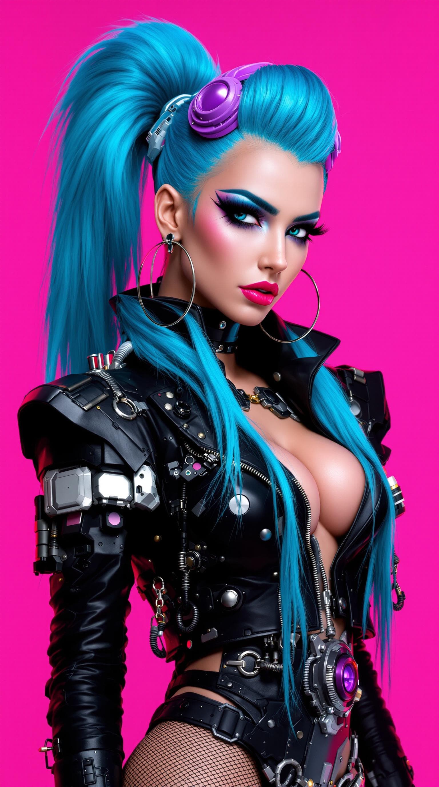 AI generated: The full body image features a striking female character with long, vibrant blue hair styled in an e...