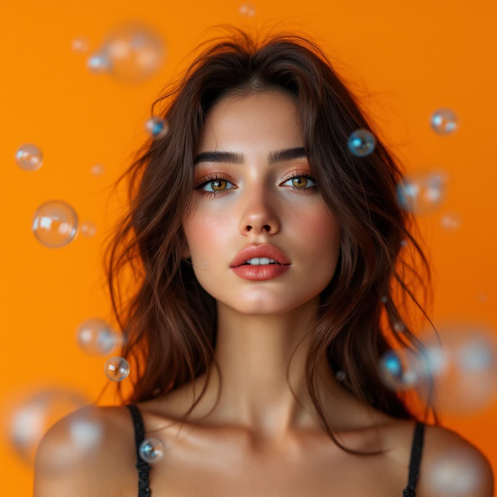 AI generated: photography, orange tone, brunette model with beautiful eyes, solid orange background, with small bl...