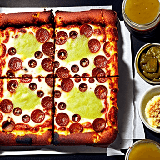 AI generated: Realistic photo of a Detroit style pizza from Jet's Pizza, topped with mustard and pickles