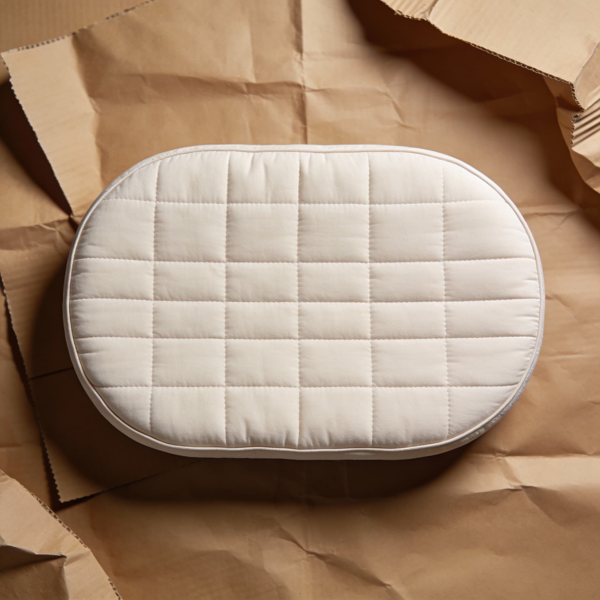 AI generated: Take a photo in which a rectangular circular mattress is visible against a recyclable background. Ma...