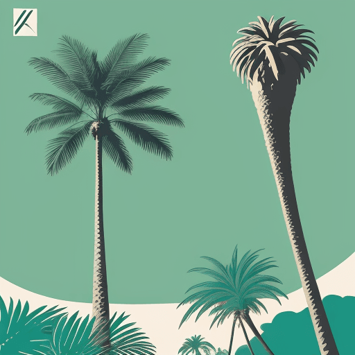 AI generated: A variation of a palm tree depicted in a classic screen-print (silkscreen) style, featuring bold, cl...