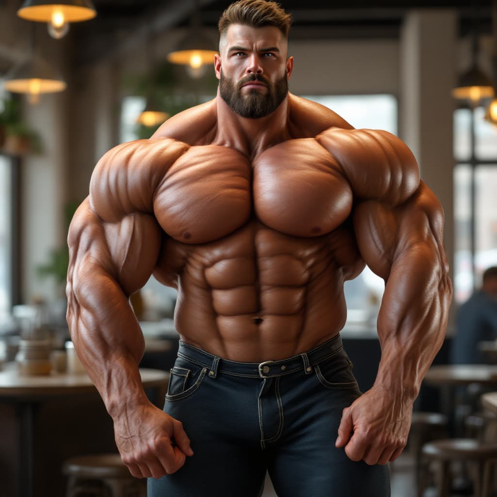 AI generated: photorealistic male bodybuilder, huge bodybuilder muscles, broad shoulders, and very large pecs, sta...