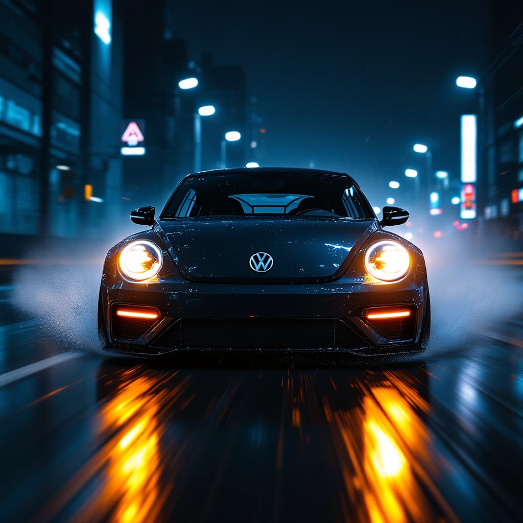 AI generated: Volkswagen New Beetle (((at night))), high speed, ((motion blur)), movie action scene, (((Need for S...