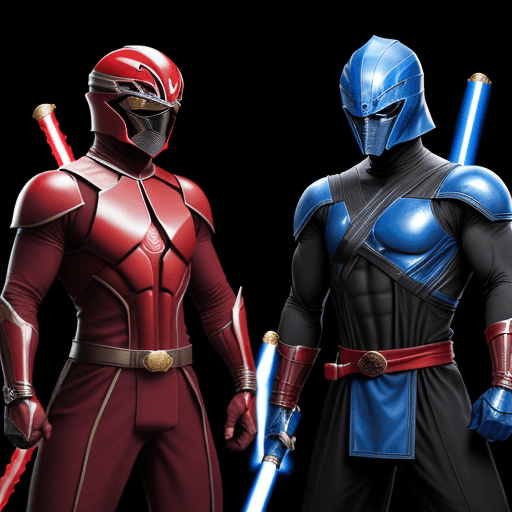 AI generated: a tall black and blue ninja that looks like sub-zero with a sword and red belt. versus a man in a RE...
