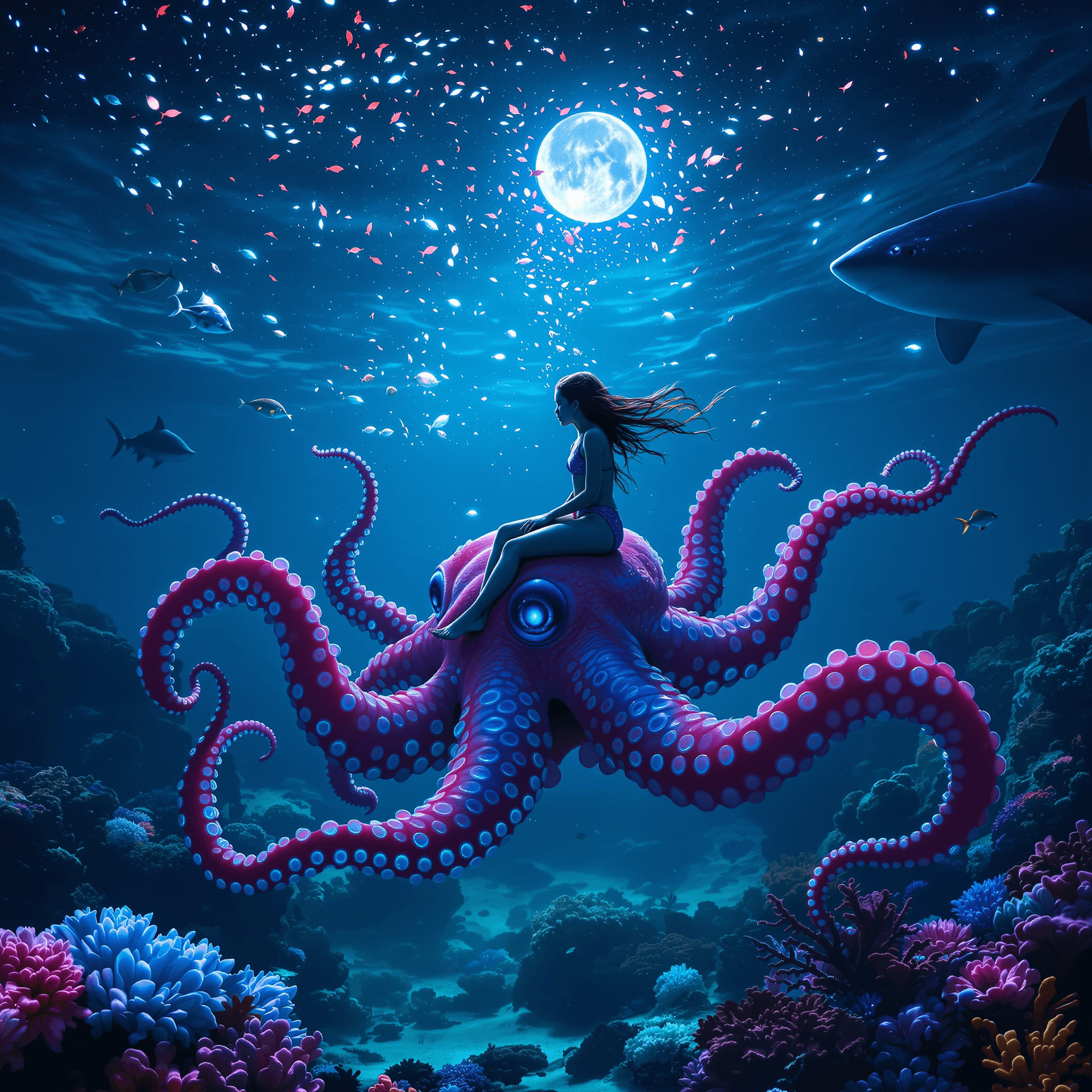 AI generated: At night with a full moon above. bioluminescent fish. Surreal, psychedelic. A young boy and girl wit...