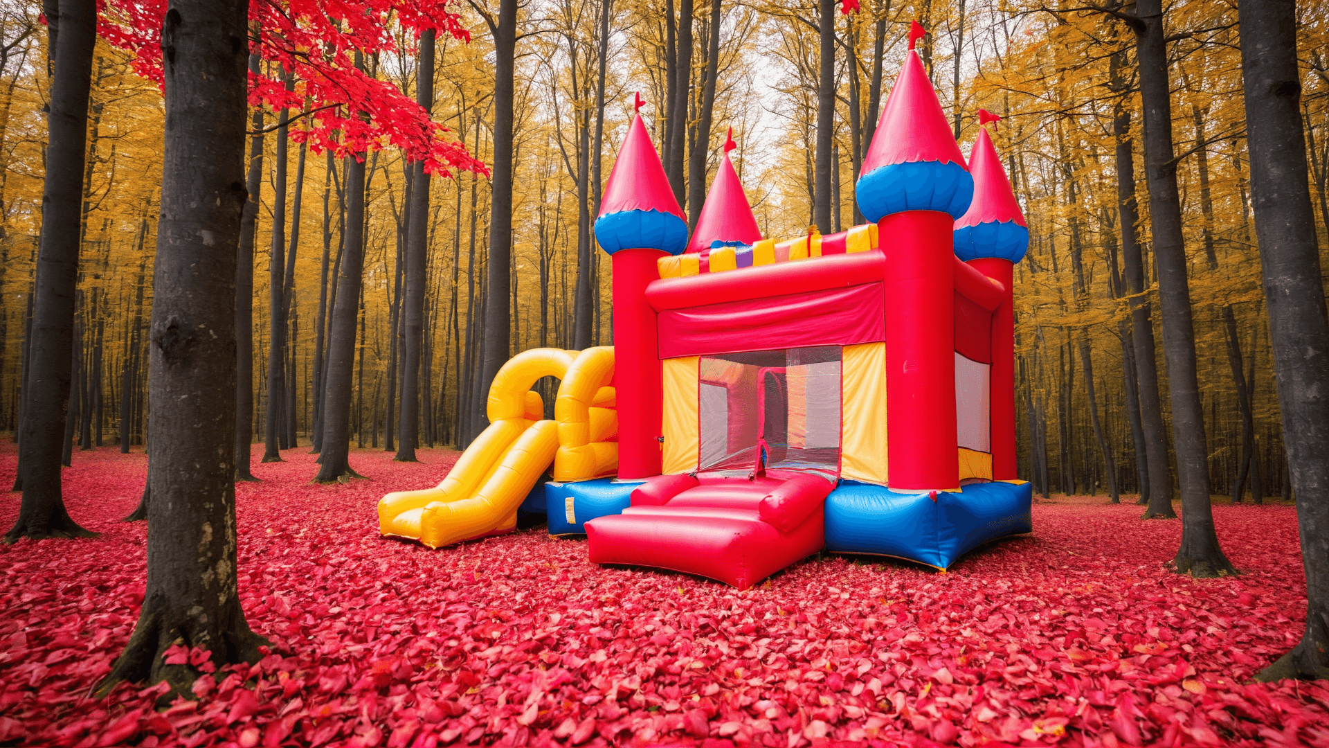 AI generated: photo of a forest with red leaves and a colorful bouncing castle