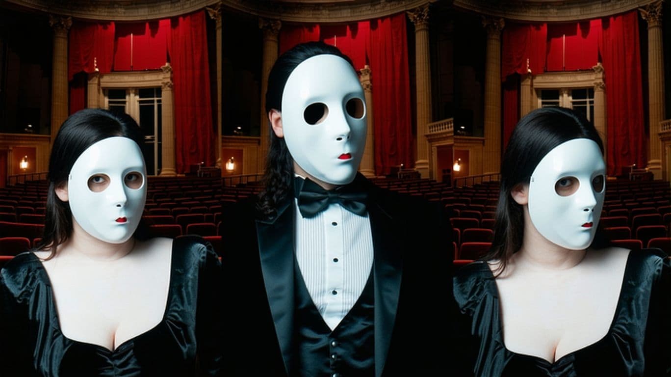 AI generated: cosplay (the phantom of the opera musical:1.2), Michael Crawford, half mask, gothic lair  