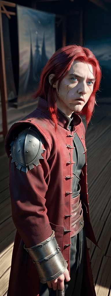 AI generated: stark is a young male mage and apprentice, stark in studio ghibli, he has dyed red hair and the root...