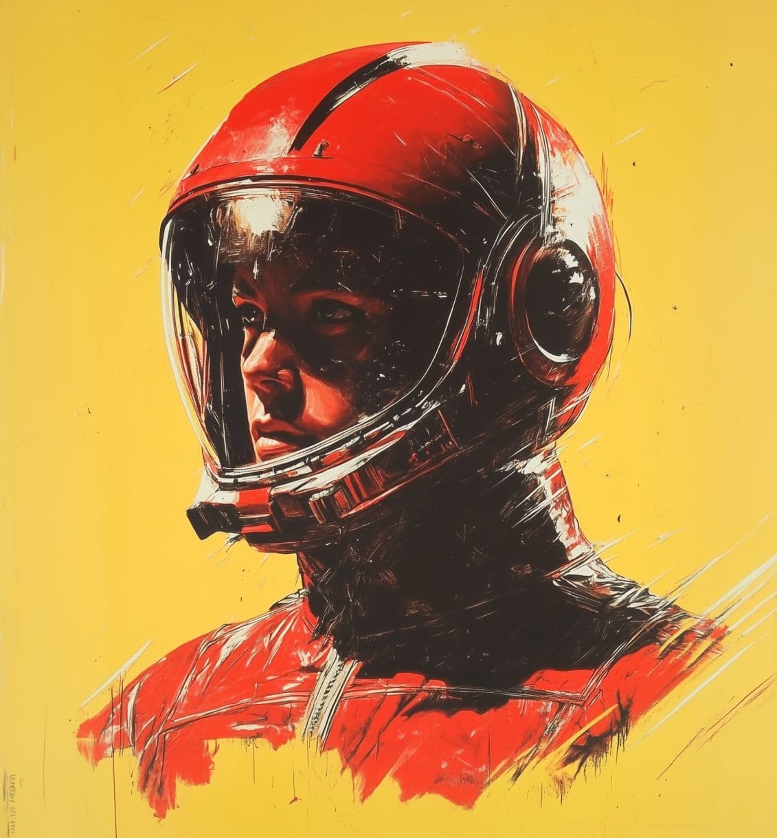 AI generated: Lithograph of a red space pilot in a dark suit and helmet, against a yellow background, with bold li...