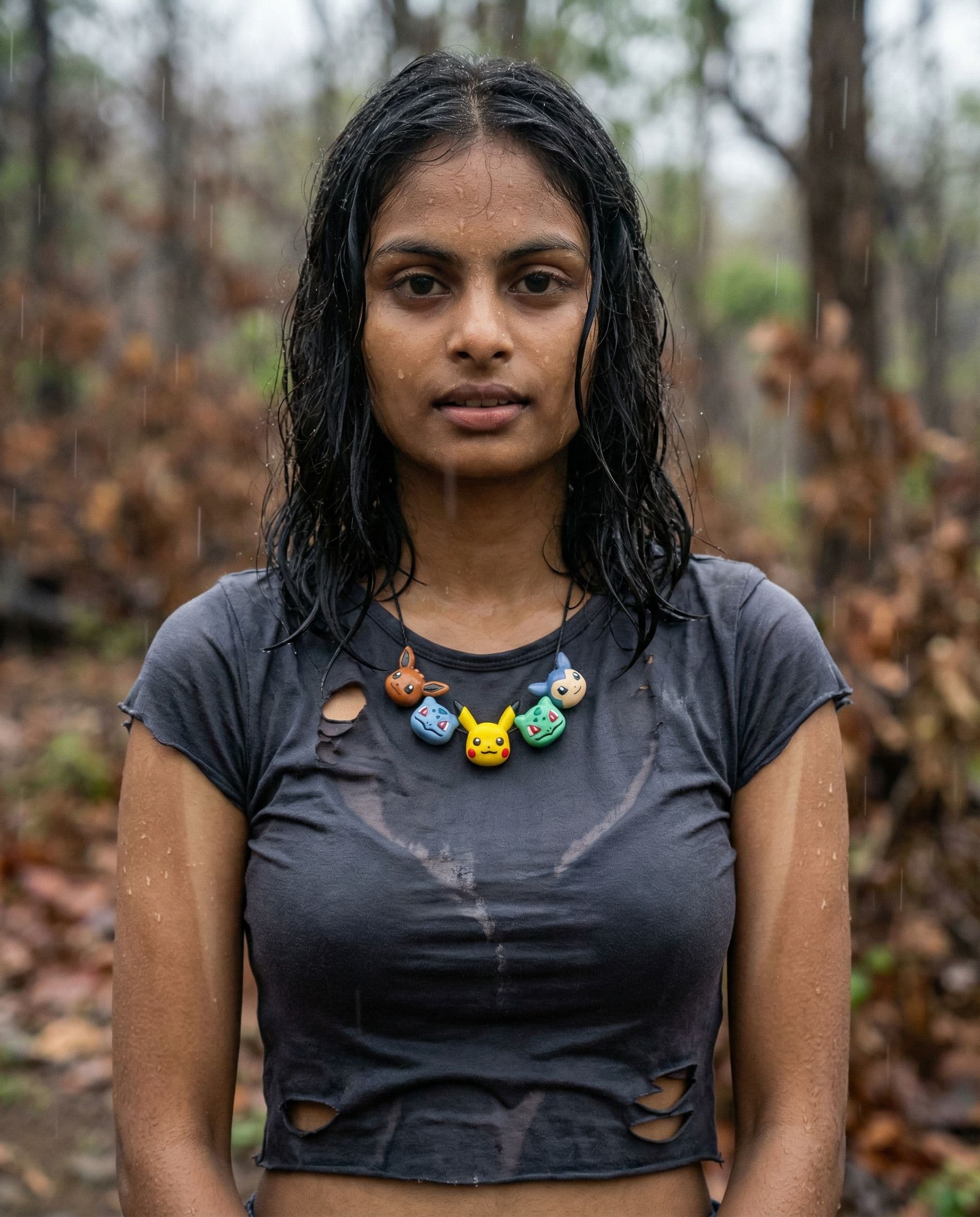 AI generated: Generate a rainy photograph of an 21 year old cute Papuan New Guinean indigenuous female with many t...
