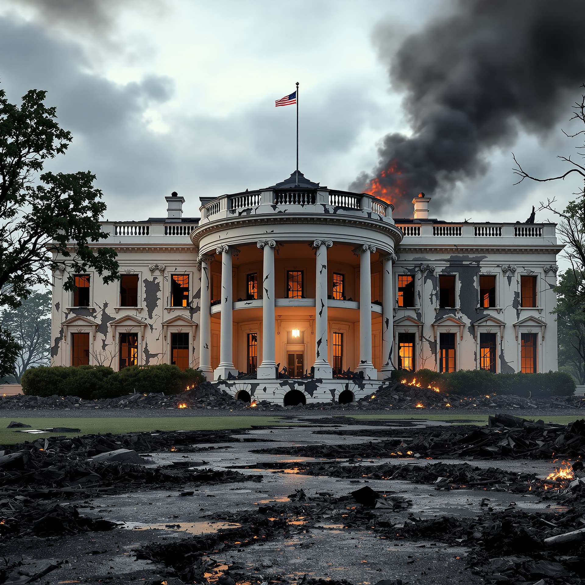 AI generated: front view of a post world war 3 destroyed with walls missing, burned to the ground the presidential...