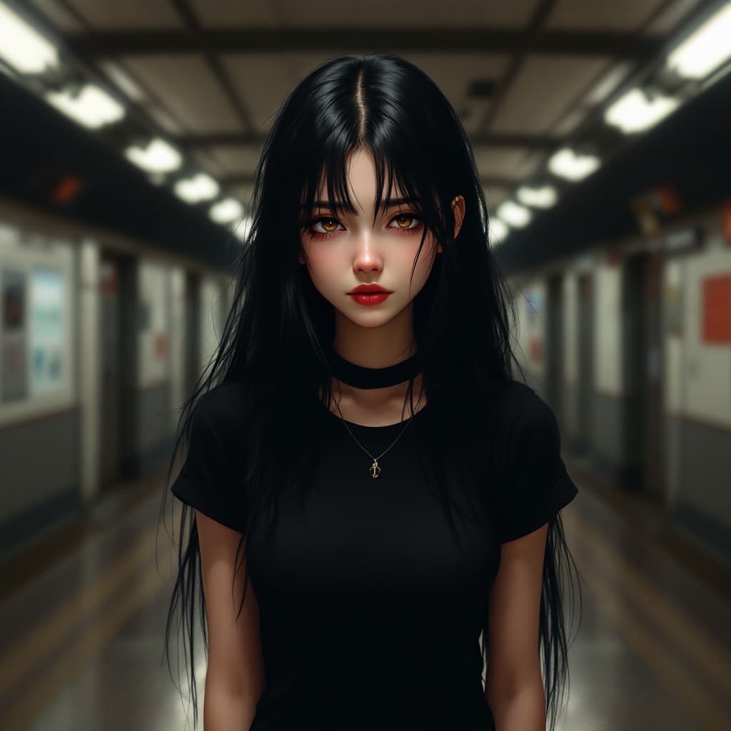 AI generated: Female, Young adult female, long black hair, sleepy dark brown eyes, very pale, wearing black tight ...