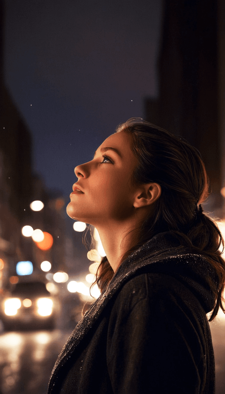 AI generated: digital art, fashion editorial, a young woman looking up as snow falls amidst city lights at dusk, s...