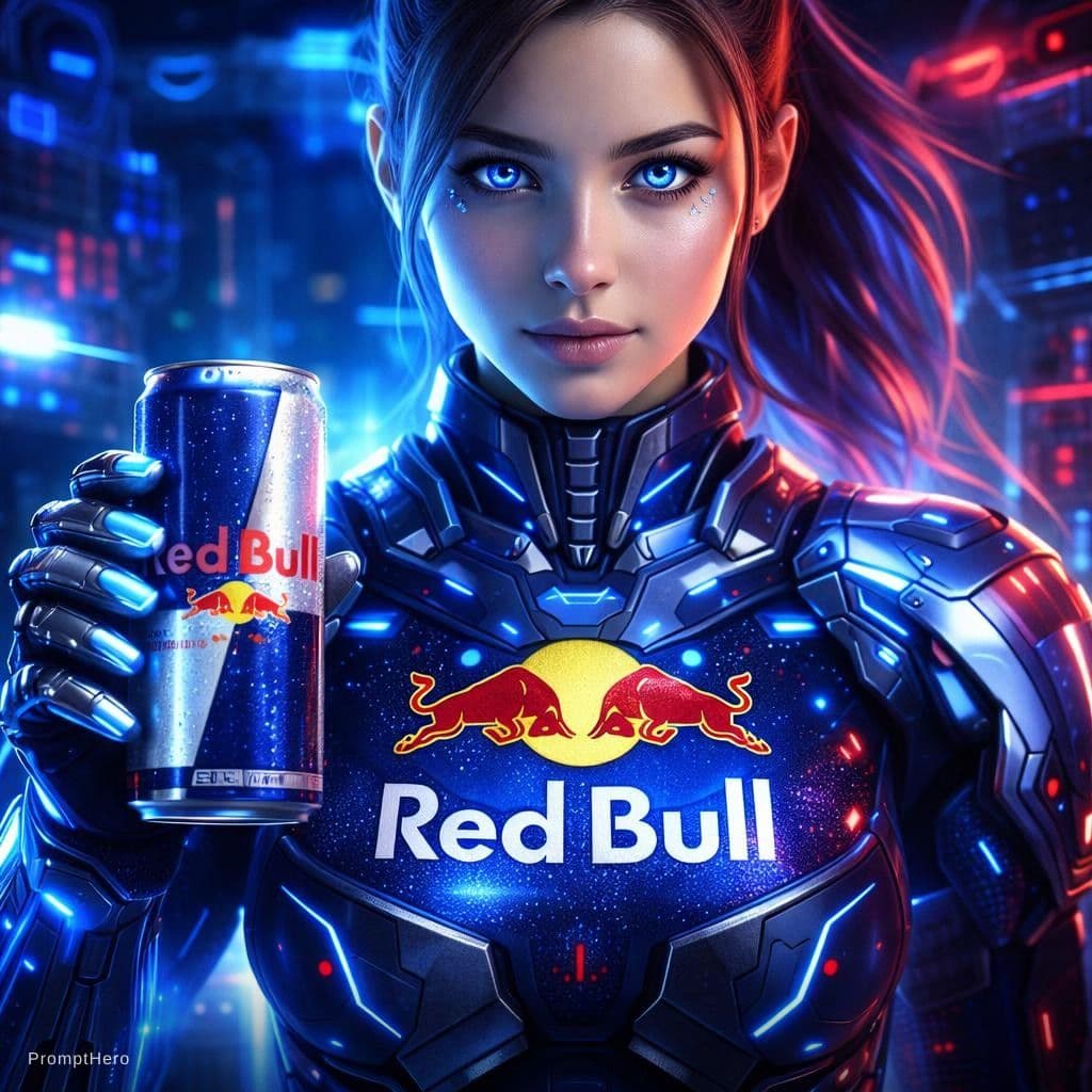AI generated: energy drink "redbull" looks like girl in hi-tech style photorealistic 4k