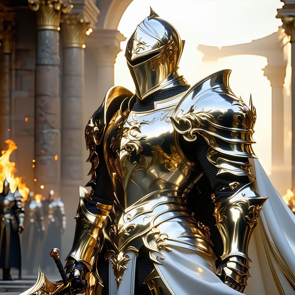 AI generated: a high class knight is in action, in the style of rendered in unreal engine, dark gold and white, cl...