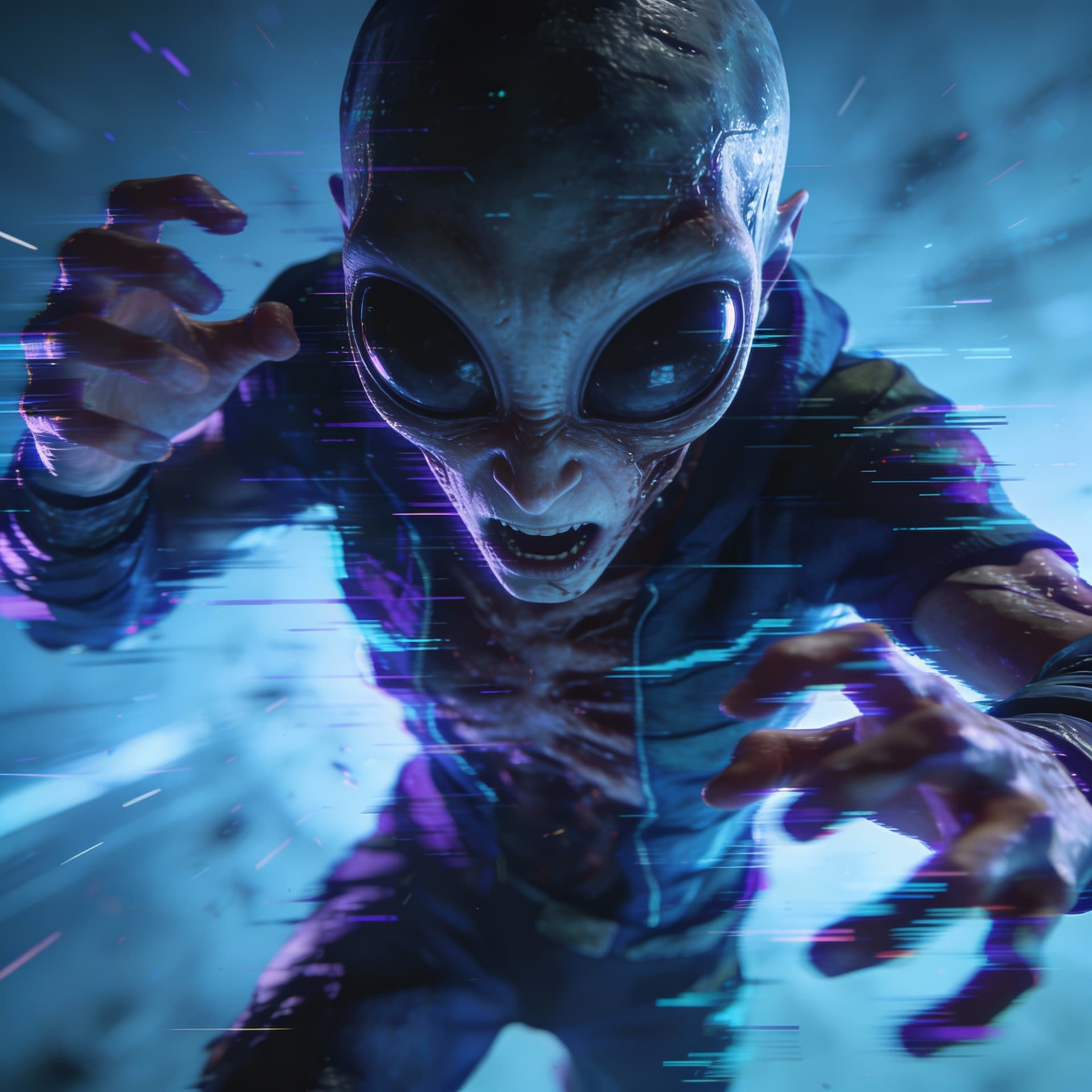 AI generated: 3d animated video game look illustrated waist up pov closeup of a big bug eyed space alien looks lik...
