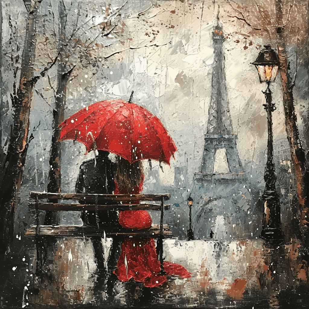 AI generated: This is a romantic and evocative painting capturing a couple sharing an umbrella during a rain showe...