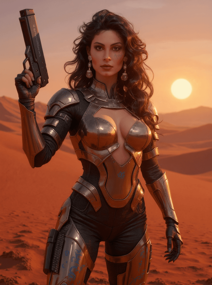 AI generated: A stunning full body (8K) bird's eye view masterpiece of a futuristic depiction of a female warrior,...