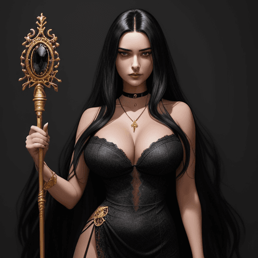 AI generated: A woman in a frontal pose with long voluminous black hair, wearing a short black dress with lace det...