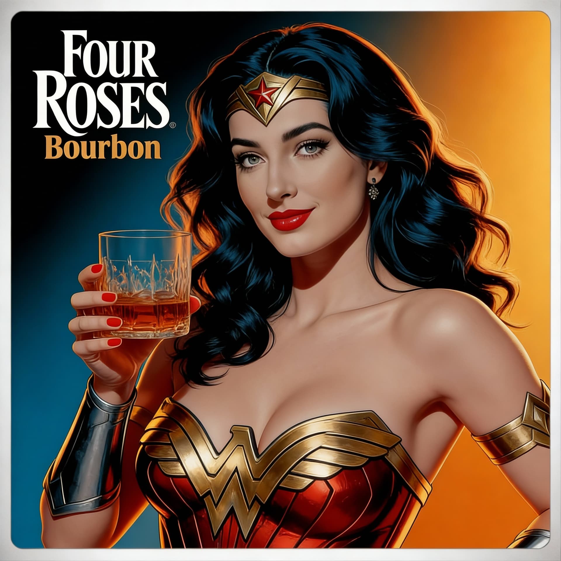 AI generated: Four Roses Bourbon, wonder woman holding a glass of whiskey, low cut costume, slight smile