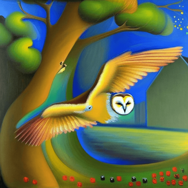 AI generated: Ralistic, ((Masterpiece, best quality)), cute barn owl in dream park, Picasso, oil painting, Ultra-H...