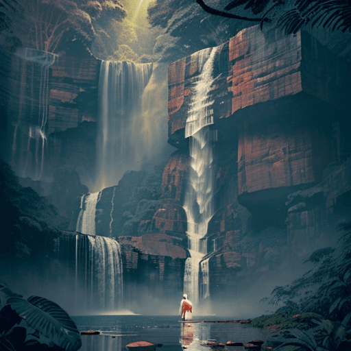 AI generated: Mahatma Gandhi Stunning visual photograph of a h next to a waterfall (very high waterfall, with a si...