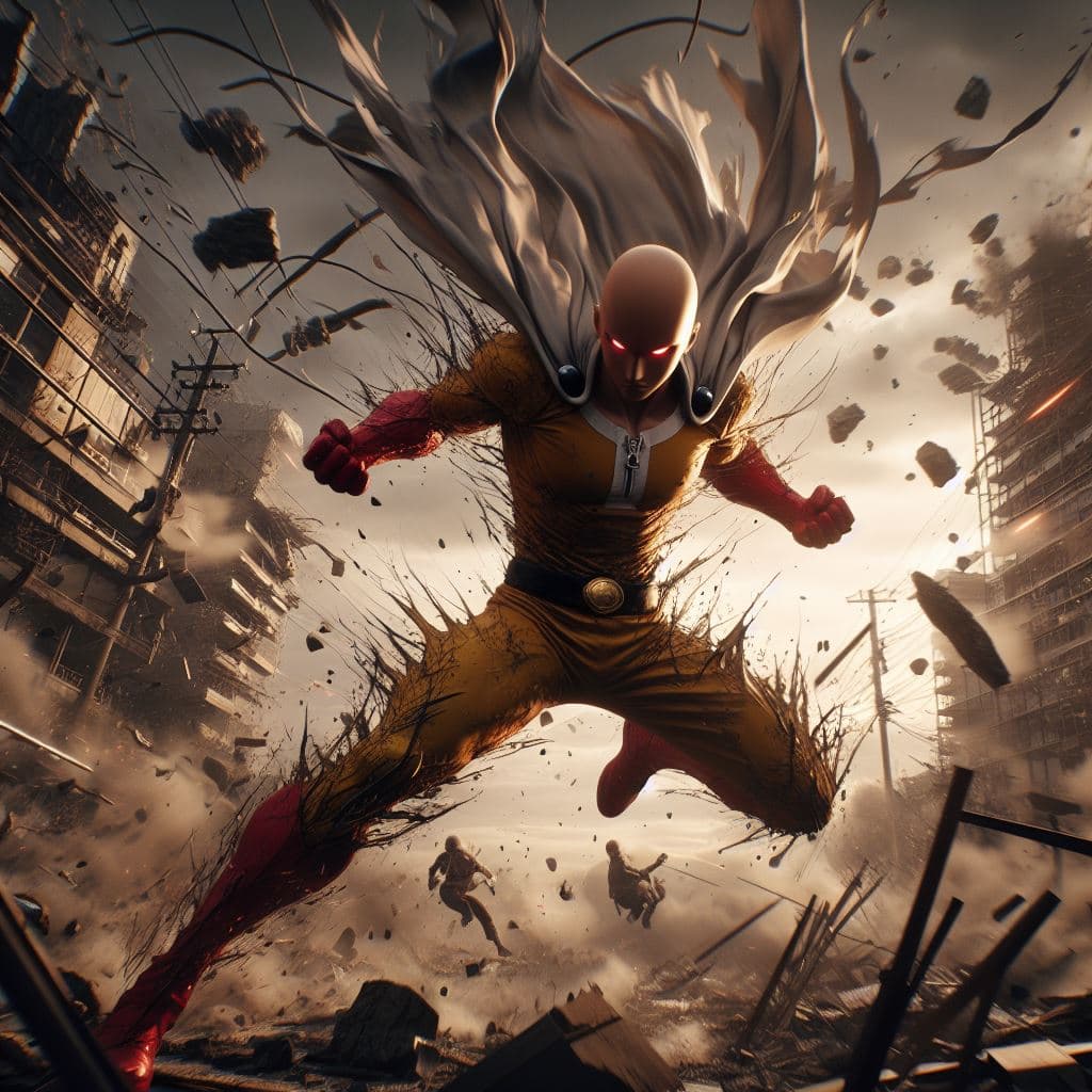 AI generated: pictorial style, urbanpunk, low-angle shot, character resembling One Punch Man, action pose, epic bo...