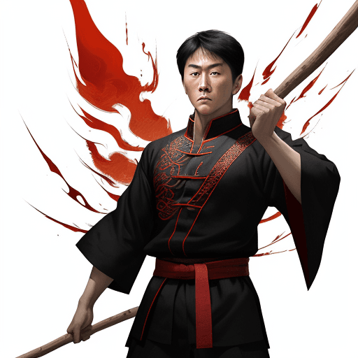 AI generated: A young man stands tall and strong like Jet Li and Jackie Chan mythology, a stick is horizontal and ...