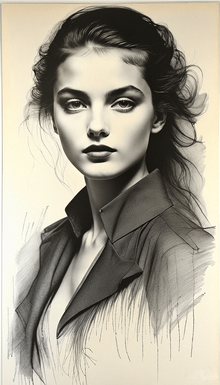AI generated: The image is a black and white charcoal painting of a woman with long hair. The artist has skillfull...