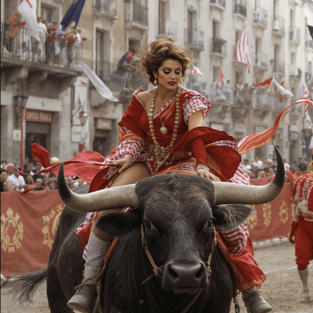 AI generated: Sophia Loren riding a bull at Pamplona
