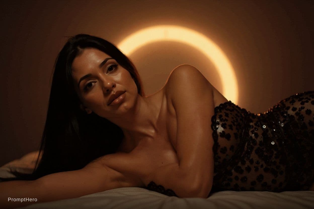 AI generated: Hyper-realistic cinematic bedroom portrait of LoraD lying on her side facing viewer, stunning 25-yea...